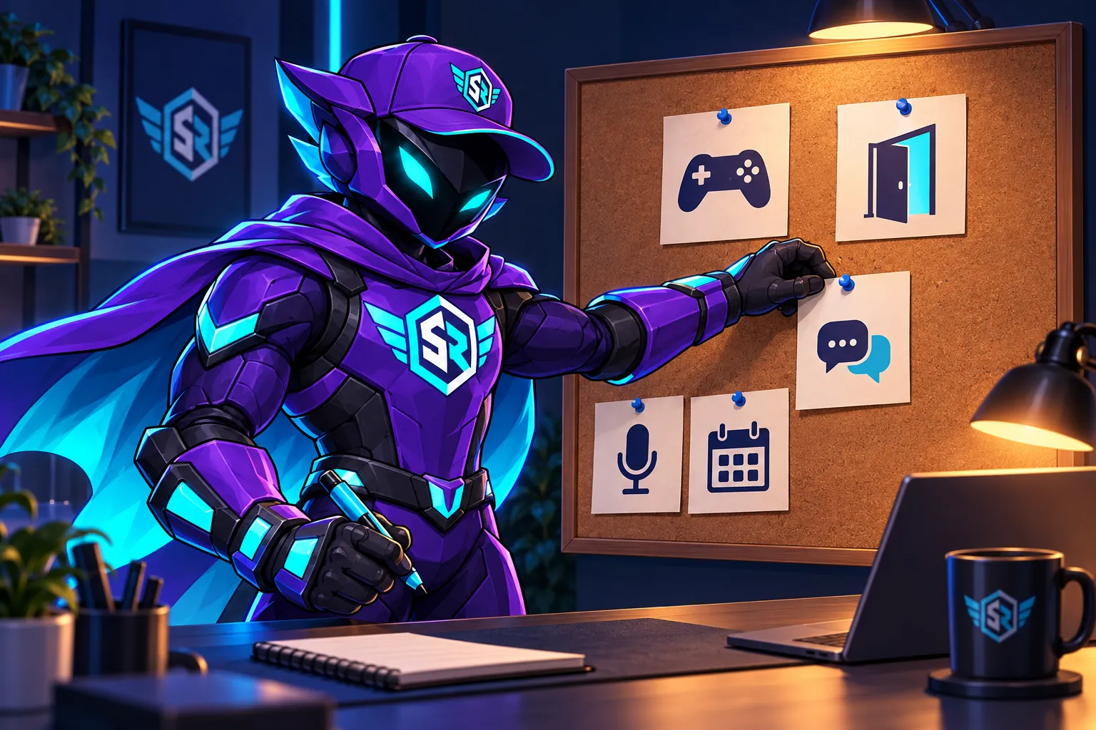 Der StreamRush-Held ordnet fünf Arbeitsschritte für seinen Kanal auf einer Pinnwand.
