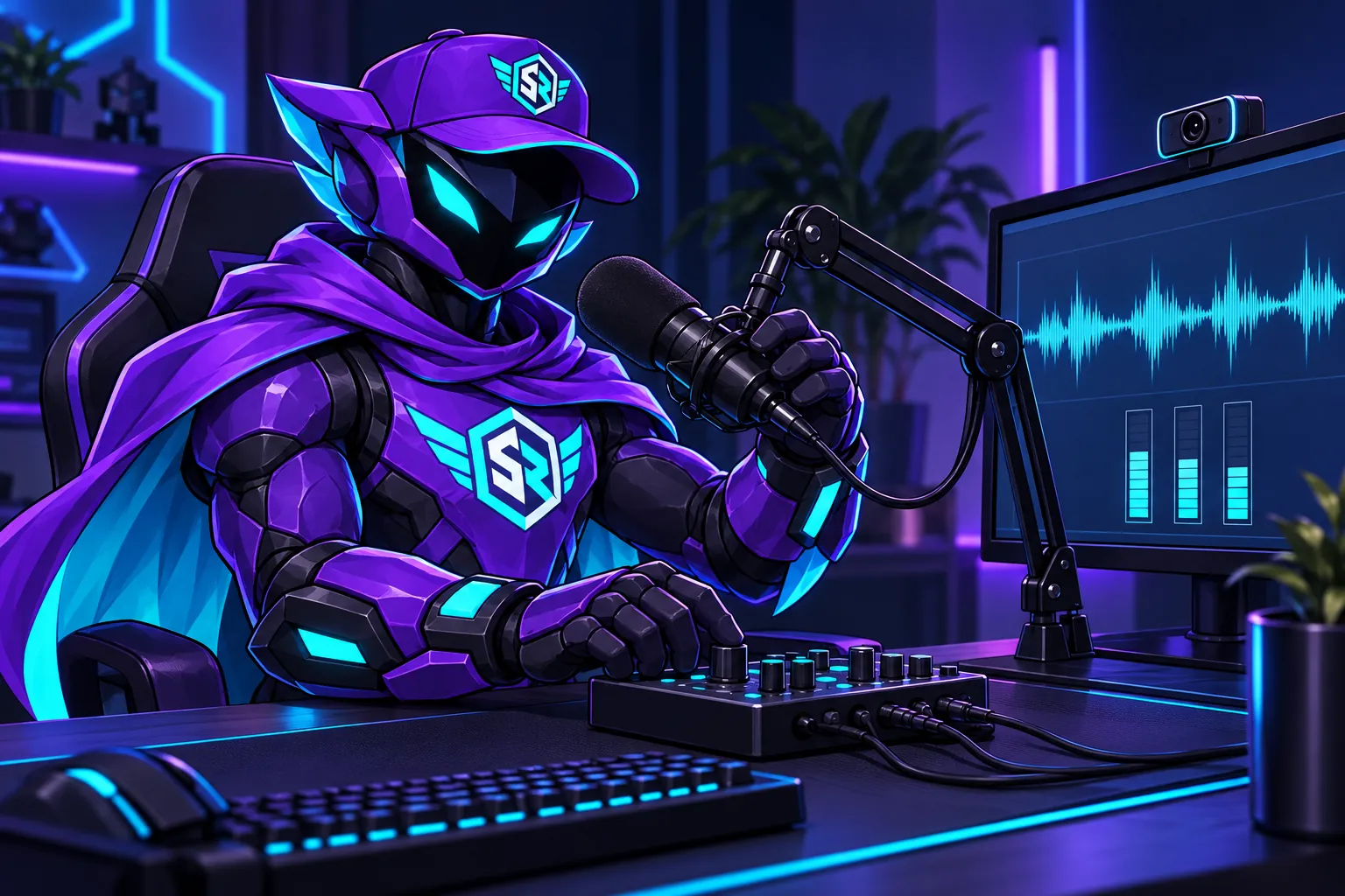 Der StreamRush-Held richtet Mikrofon und Audiomischer für eine Übertragung ein.