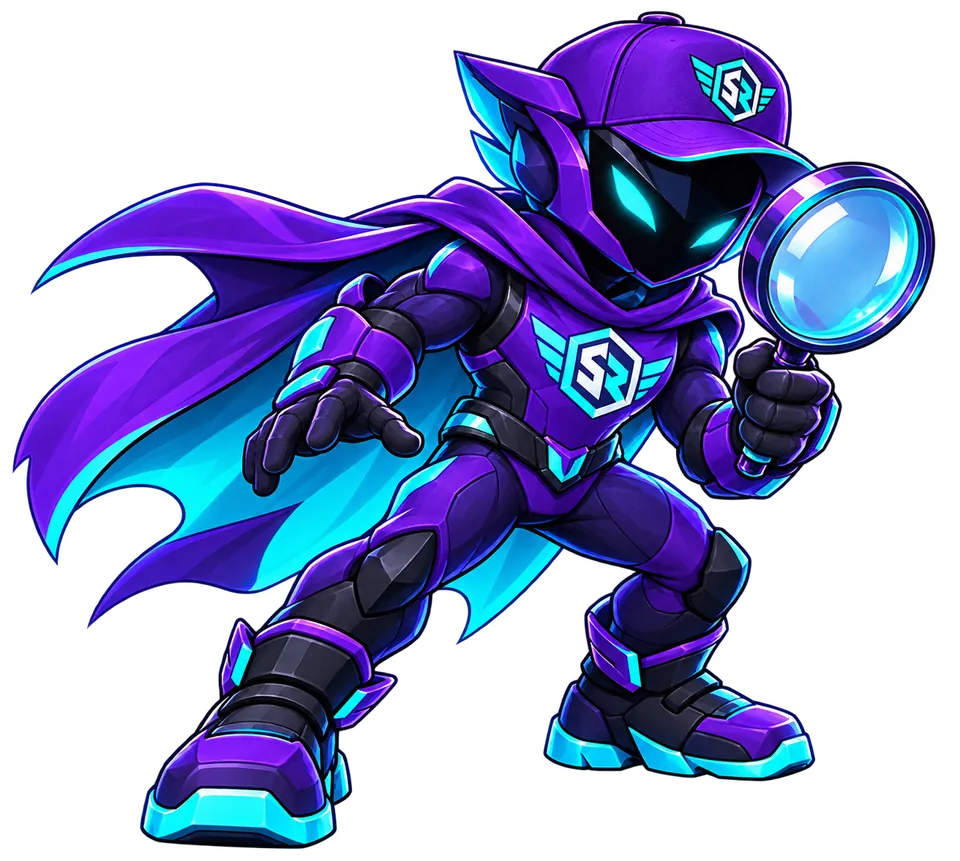 StreamRush-Maskottchen sucht mit einer Lupe